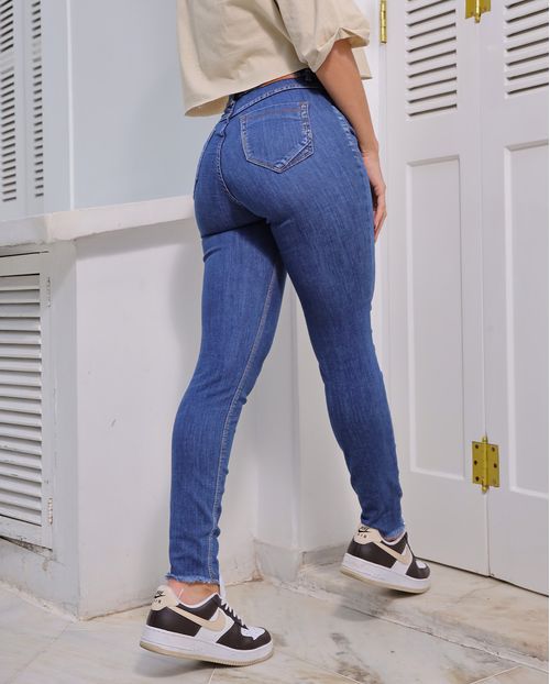 Calça Jeans Skinny Feminina Cintura Média Barra Desfiada 22818 Escura