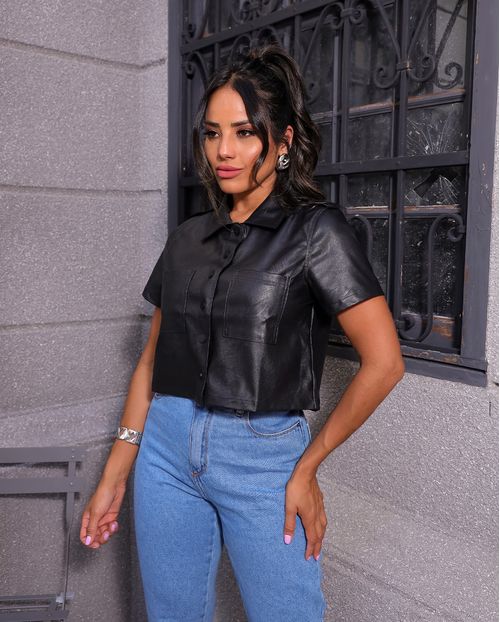 Blusa Material Sintético Cropped Feminina 90452 Preto