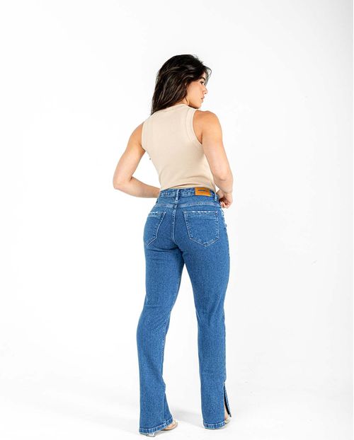 Calça Jeans Wide Loose Feminina Cintura Alta Abertura Barra 22826 Média