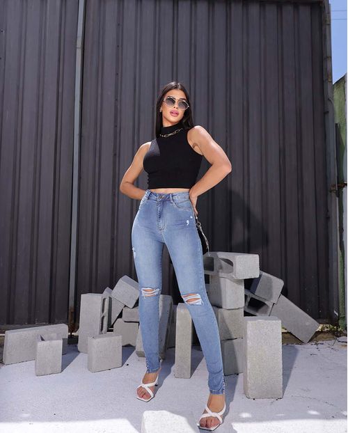 Calça Jeans Skinny Hot Pants Feminina Cintura Alta Extreme Power 22726 Média