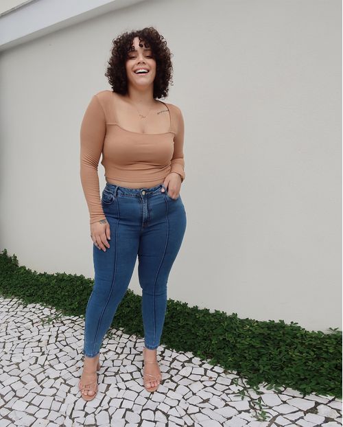 Calça Jeans Skinny Plus Size Feminina Cintura Alta Nervura Frontal 22907 Média