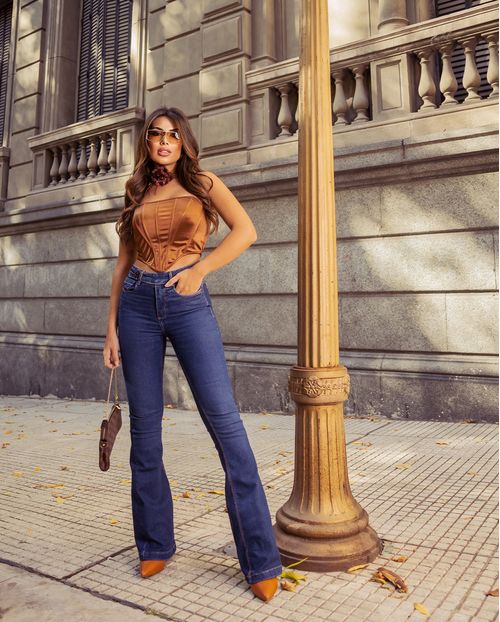 Calça Jeans Flare Feminina Cintura Média Cós Transpassado 22876 Escura