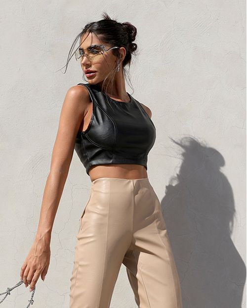 Top Material Sintético Cropped Feminino Básico 90461 Preto