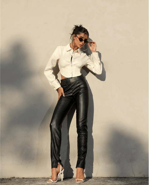 Calça Material Sintético Skinny Feminina Cintura Alta 90459 Preto