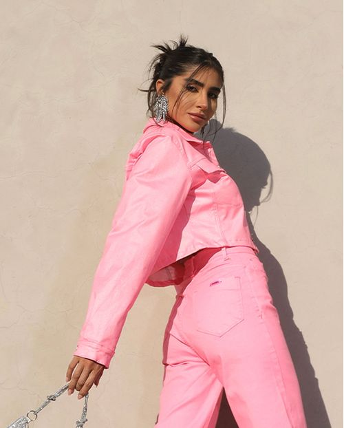 Jaqueta Sarja Resinada Cropped Feminina Color 22751 Pink