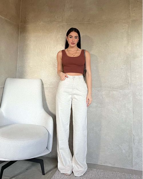 Calça Linho Wide Leg Feminina Cintura Alta 22964 Linho