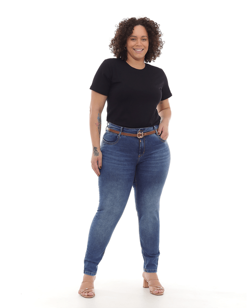 Calça Jeans Skinny Plus Size Feminina Cintura Alta Cinto 22711 Escura