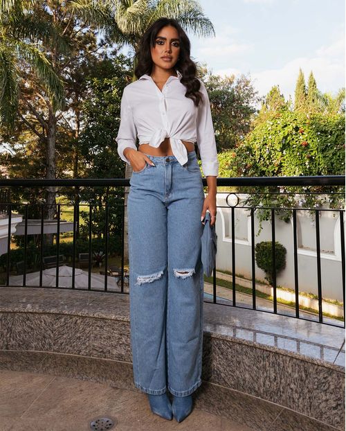 Calça Jeans Wide Leg Feminina Cintura Alta Rasgos No Joelho 29018 Média