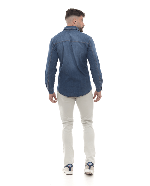 Camisa Jeans Masculina Recorte No Ombro 22629 Média