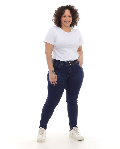 Calça Jeans Skinny Plus Size Feminina Cintura Alta Botão Duplo 22915 Escura
