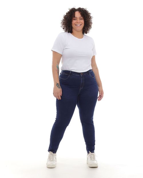 Calça Jeans Skinny Plus Size Feminina Cintura Média Nervura Barra 22941 Escura