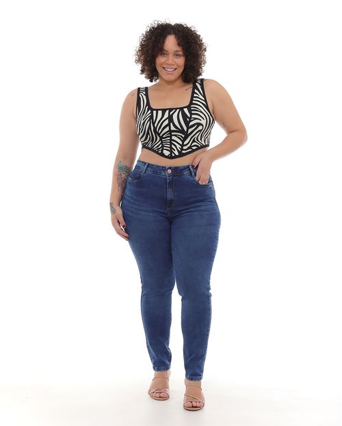 Calça Jeans Skinny Plus Size Feminina Cintura Alta Básica 22914 Escura