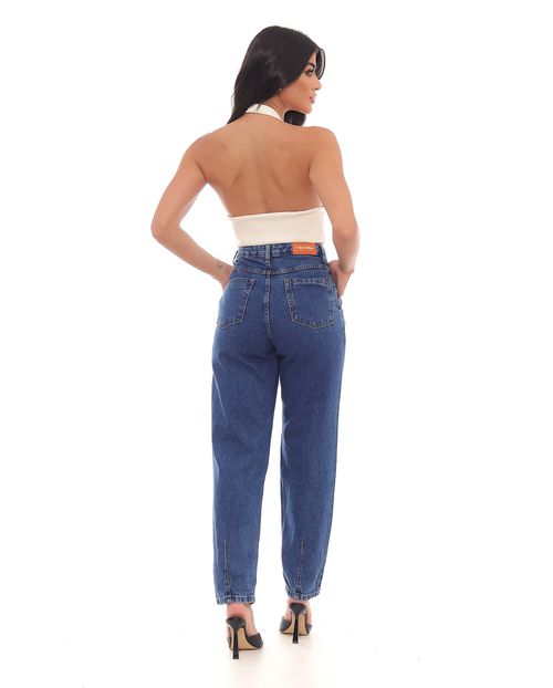 Calça Jeans Slouchy Feminina Cintura Alta Detalhe Barra 22898 Escura