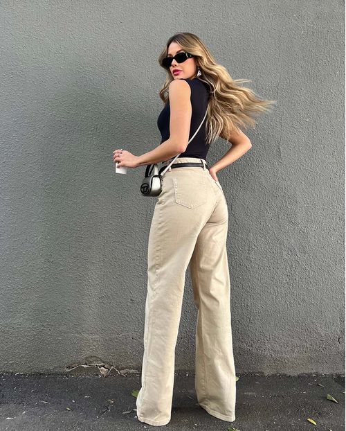 Calça Sarja Wide Leg Feminina Cintura Alta Elastano 28008 Areia