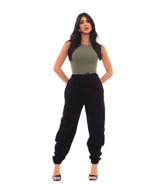 Calça Sarja Jogger Feminina Cintura Média Bolsos Cargo 22690 Preto