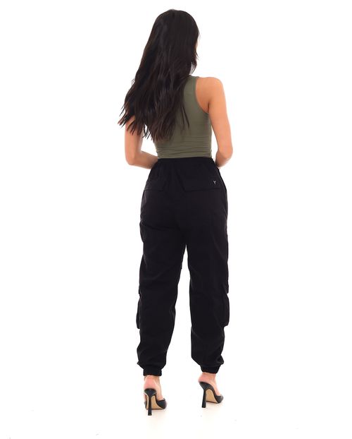 Calça Sarja Jogger Feminina Cintura Média Bolsos Cargo 22690 Preto