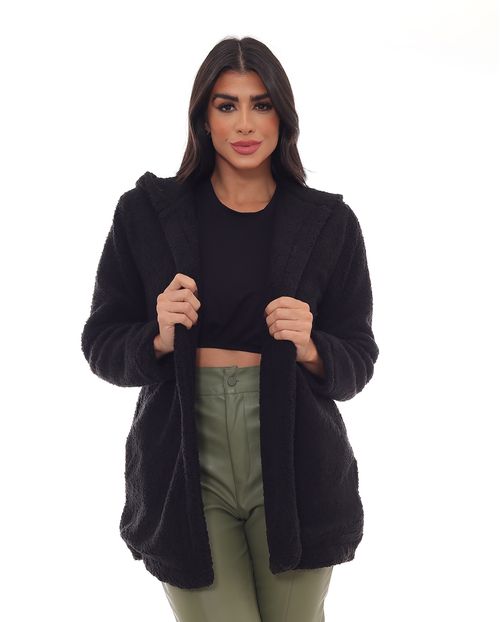 Casaco Pelo Sintético Teddy Feminino com Touca 22700 Preto