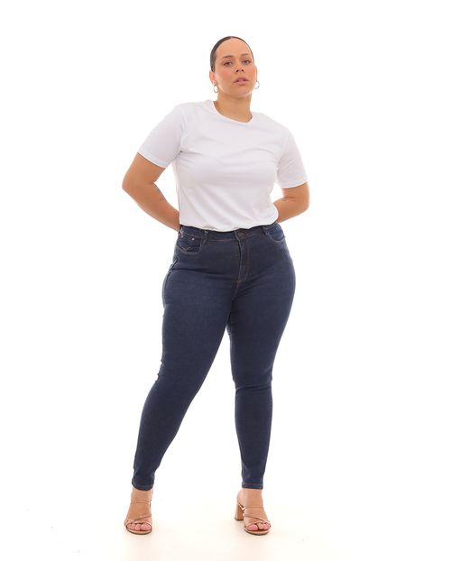 Calça Jeans Skinny Plus Size Feminina Cintura Média Detalhe Nos Bolsos 22987 Escura