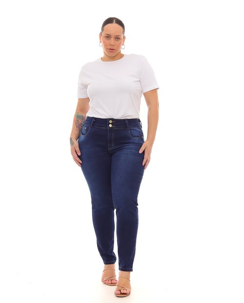 Calça Jeans Skinny Plus Size Feminina Cintura Alta Botão Duplo Básica 22959 Escura