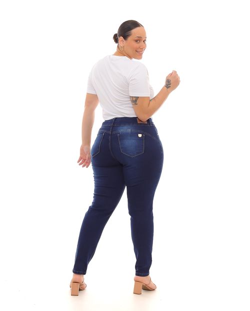 Calça Jeans Skinny Plus Size Feminina Cintura Alta Botão Duplo Básica 22959 Escura
