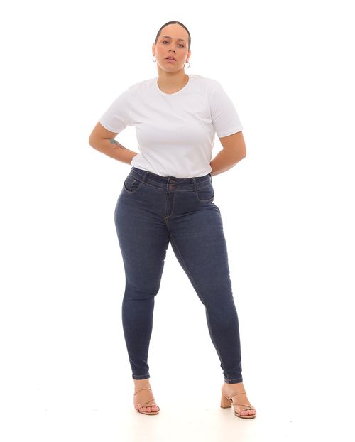 Calça Jeans Skinny Plus Size Feminina Cintura Média Botão Duplo 22988 Escura