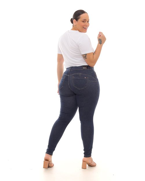 Calça Jeans Skinny Plus Size Feminina Cintura Média Botão Duplo 22988 Escura