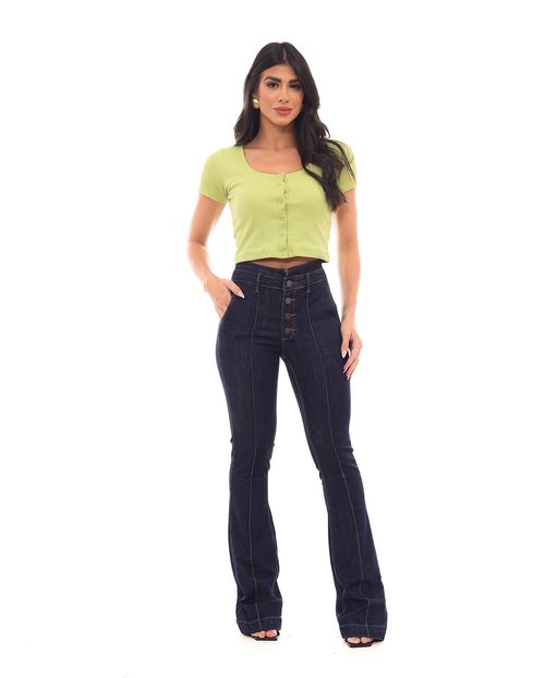 Calça Jeans Flare Clochard Feminina Cintura Alta Nervura Frontal 23059 Escura