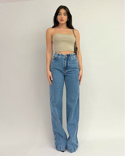 Calça Jeans Wide Leg Feminina Cintura Alta Detalhe Cós 22963 Média