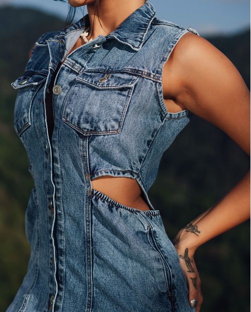 Vestido Jeans Cut Out Feminino 23045 Escura