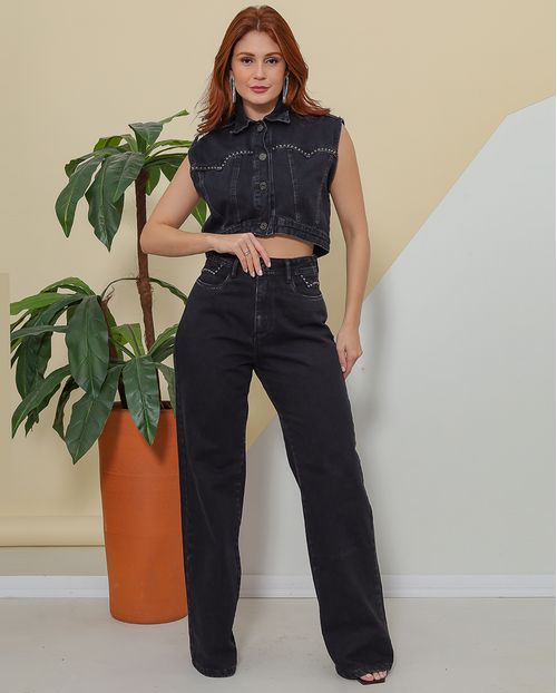 Calça Jeans Wide Leg Feminina Cintura Alta com Aplicação 23039 Preto
