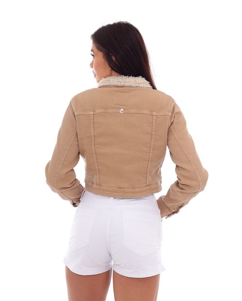 Jaqueta Sarja Cotelê Cropped Feminina Pelo Interno 22871 Caqui