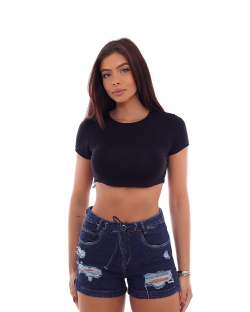 Shorts Jeans Feminino Boyfriend com Cordão do Próprio Tecido No Cós e Barra Irregular   22470 Escura