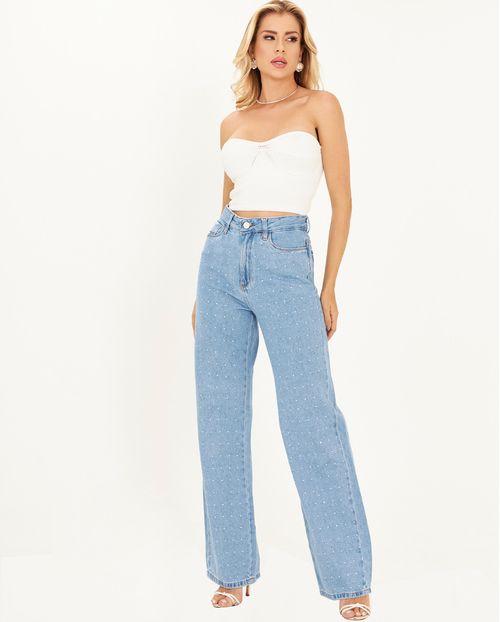 Calça Jeans Wide Leg Feminina Cintura Alta Strass 22748 Clara