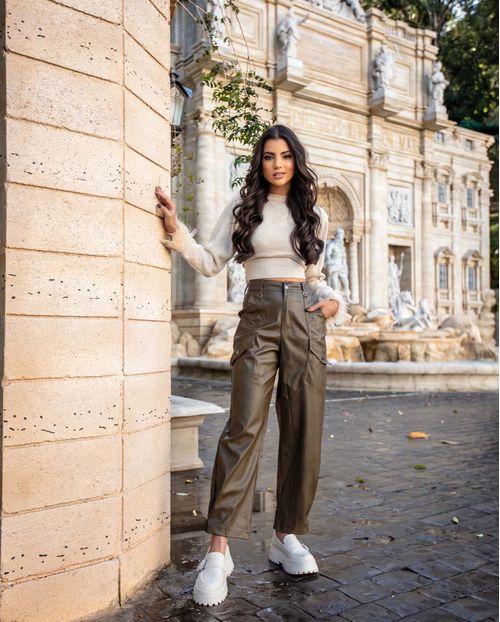 Calça Material Sintético Cargo Feminina Cintura Alta Básica 90457 Verde Militar