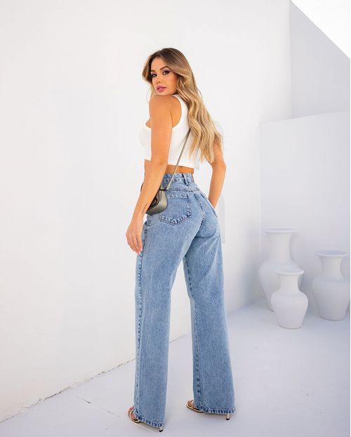 Calça Jeans Wide Leg Feminina Cintura Alta Básica Algodão 23131 Média