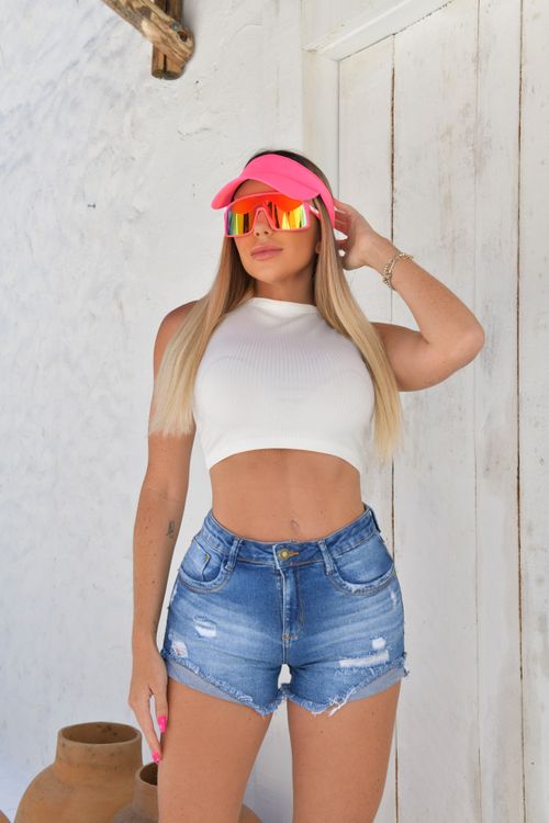 Shorts Jeans Boyfriend Feminino Cintura Média Barra Dobrada Desfiada 22687 Escura