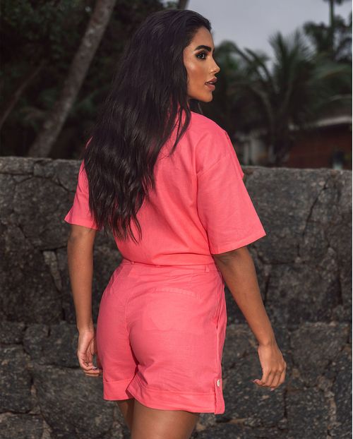 Shorts Linho Alfaitaria Feminino Cintura Alta 90511 Pink