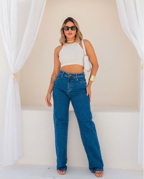 Calça Jeans Wide Leg Feminina Cintura Alta Básica com Elastano 28100 Escura