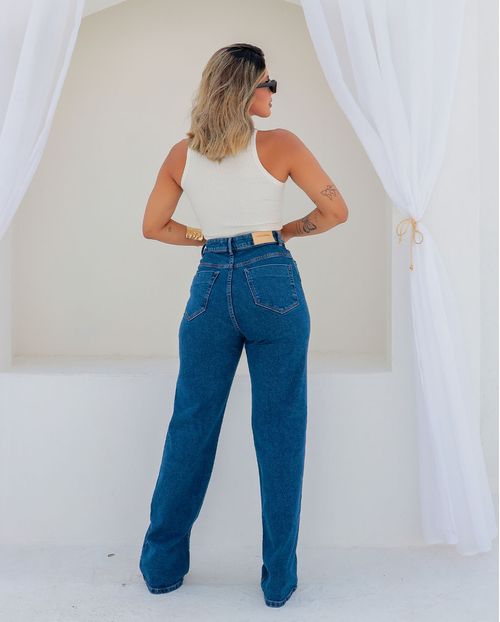 Calça Jeans Wide Leg Feminina Cintura Alta Básica com Elastano 28100 Escura
