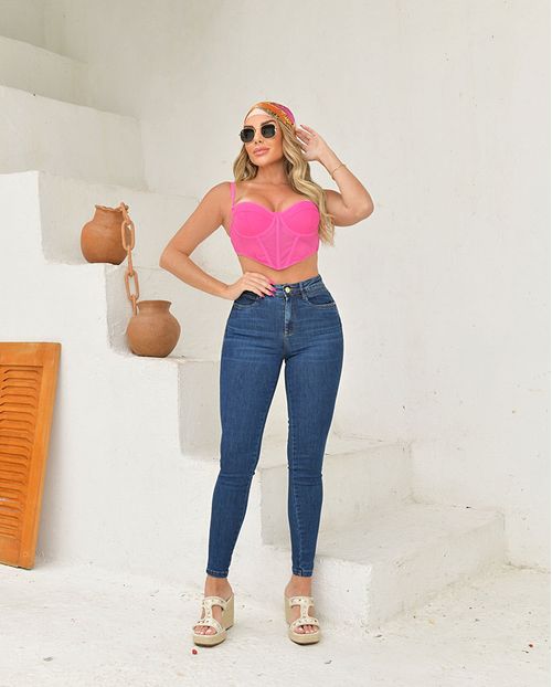 Calça Jeans Skinny Feminina Cintura Média Básica 23332 Escura