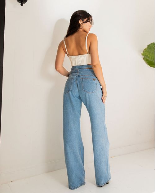 Calça Jeans Wide Leg Clochard Feminina Cintura Alta com Cinto 23280 Clara