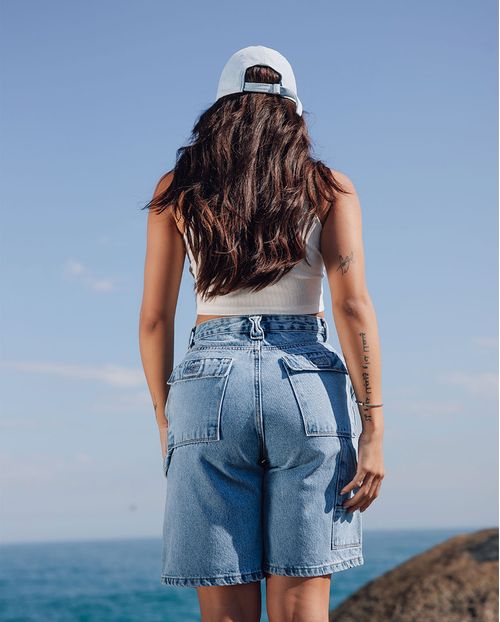 Bermuda Jeans Cargo Carpinteiro Feminina Cintura Média 23303 Média