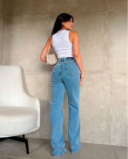 Calça Jeans Wide Leg Feminina Cintura Alta Básica com Elastano 23237 Média