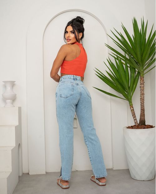 Calça Jeans Wide Loose  Feminina Cintura Alta Abertura Lateral Barra 23328 Clara