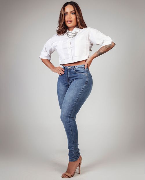Calça Jeans Skinny Feminina Cintura Média Básica 23065 Escura