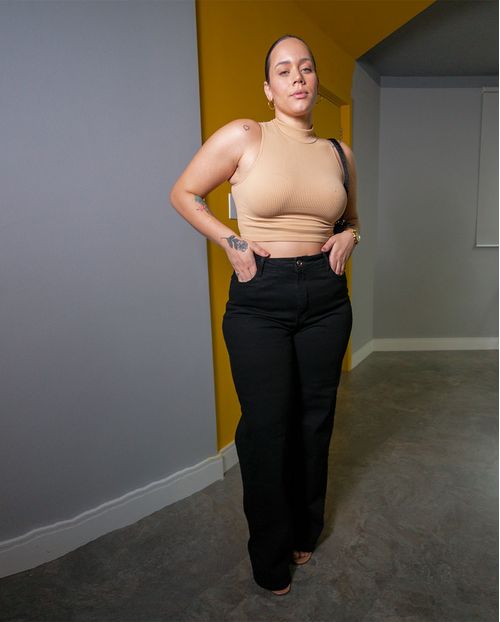 Calça Jeans Wide Leg Plus Size Feminina Cintura Alta Básica 28007 Preto