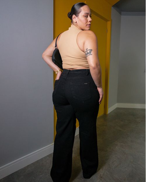 Calça Jeans Wide Leg Plus Size Feminina Cintura Alta Básica 28007 Preto