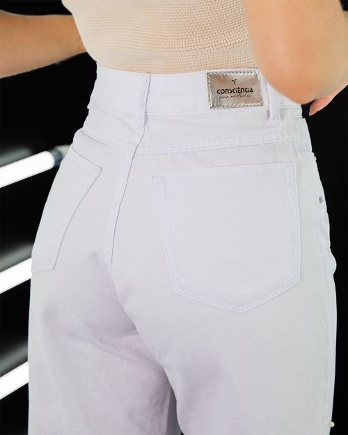 Calça Sarja Wide Leg Feminina Cintura Alta Aplicação Barra Desfiada 23363 Branco