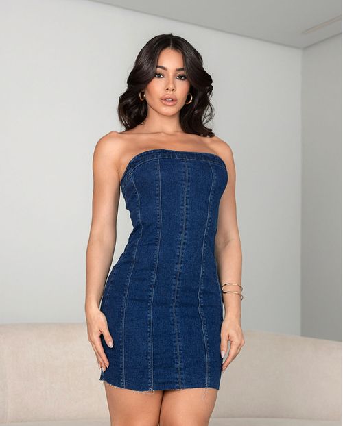 Vestido Jeans Tubinho Feminino com Detalhes de Recortes 23100 Escura