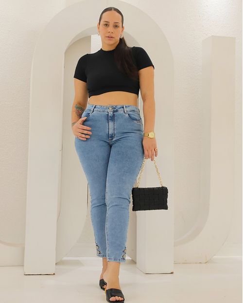 Calça Jeans Skinny Plus Size Feminina Cintura Alta Botões Na Barra 23258 Sky
